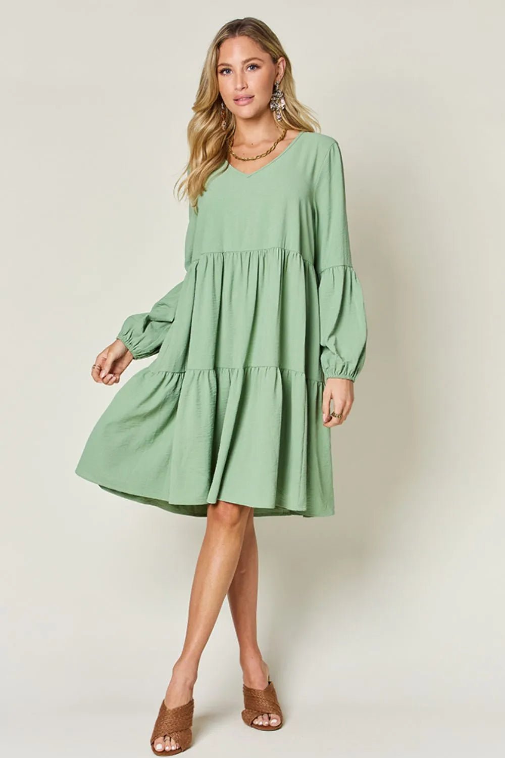 V - Neck Tiered Dress with Balloon Sleeves and Pockets - Bela Fils BoutiqueBela Fils Boutique